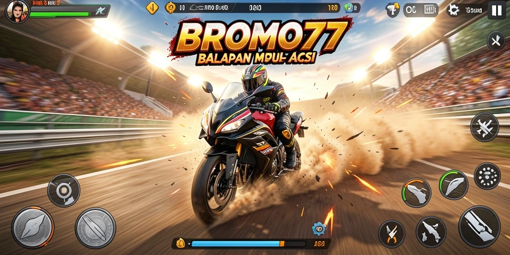 Screenshot gameplay BROMO77 dengan balapan motor yang mendebarkan.