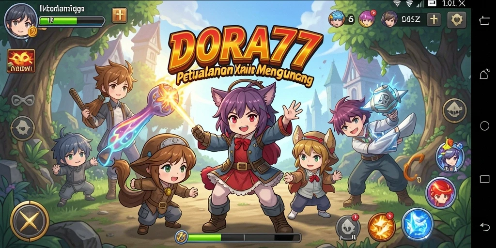 Tangkapan layar gameplay DORA77 yang menampilkan aksi seru dan karakter Anime.