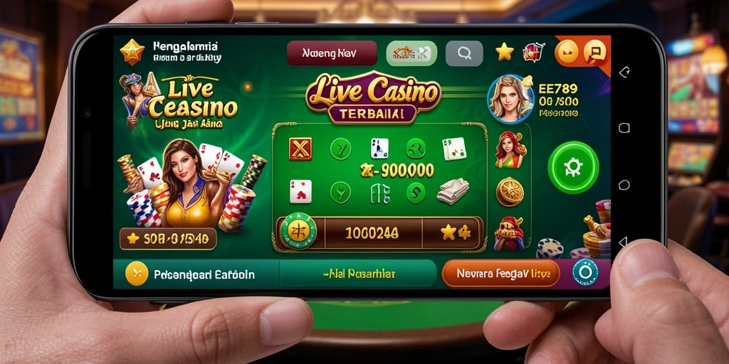 Screenshot gameplay EE789 yang menunjukkan dealer langsung dan suasana kasino.