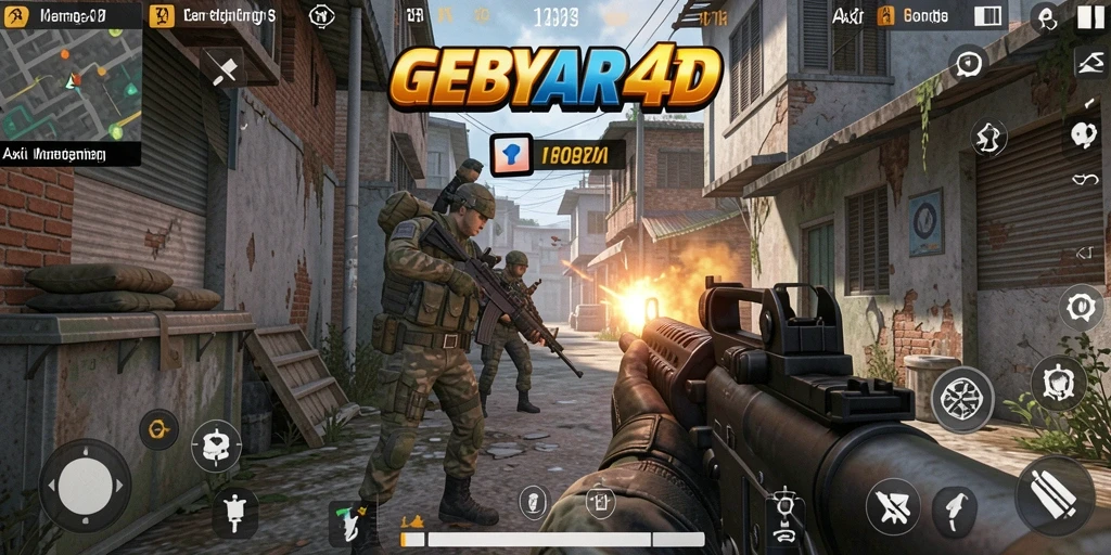 Gambar menunjukkan adegan intens dalam GEBYAR4D dengan action-packed gameplay FPS.