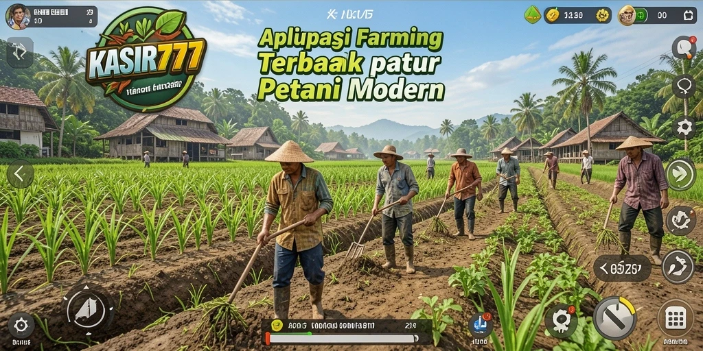 Screenshot gameplay KASIR777 menampilkan kebun yang rimbun dan hewan ternak.