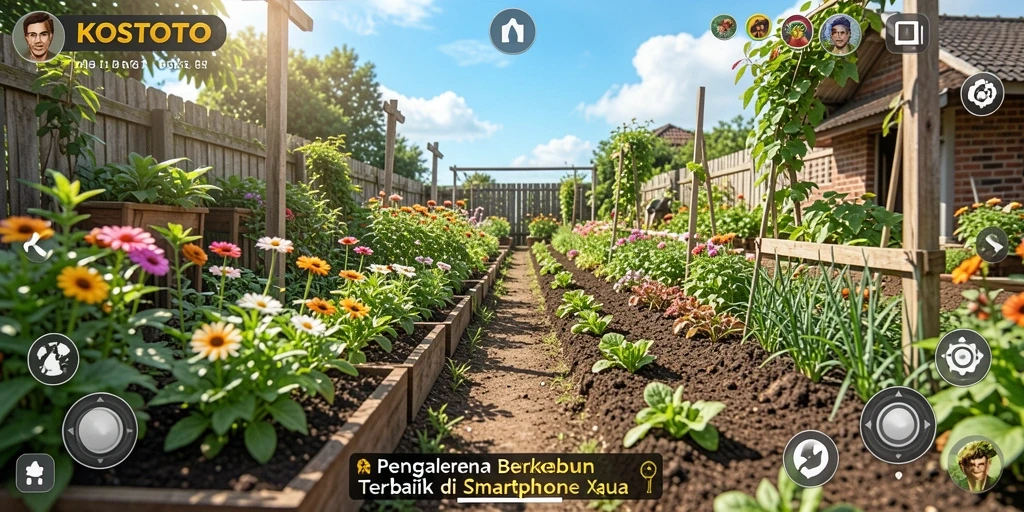 Tampilan gameplay KOSTOTO dengan kebun yang segar dan berwarna.