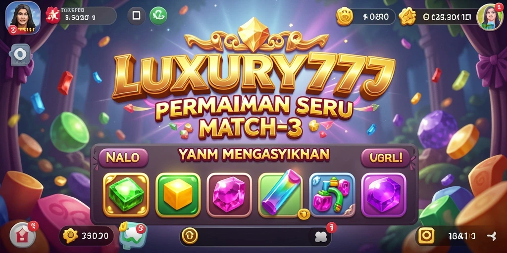 Screenshot utama menunjukkan gameplay seru LUXURY777 dengan elemen Match-3 yang menarik.