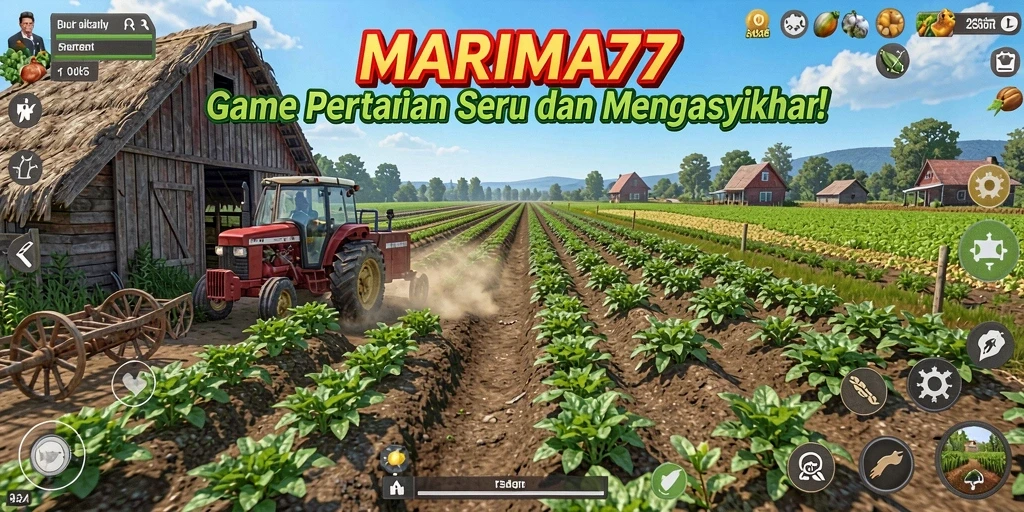Tampilan gameplay MARIMA77 saat bertani dan merawat tanaman.