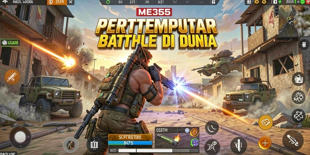 Screenshot ME355 menunjukkan aksi seru dalam pertempuran Battle Royale.