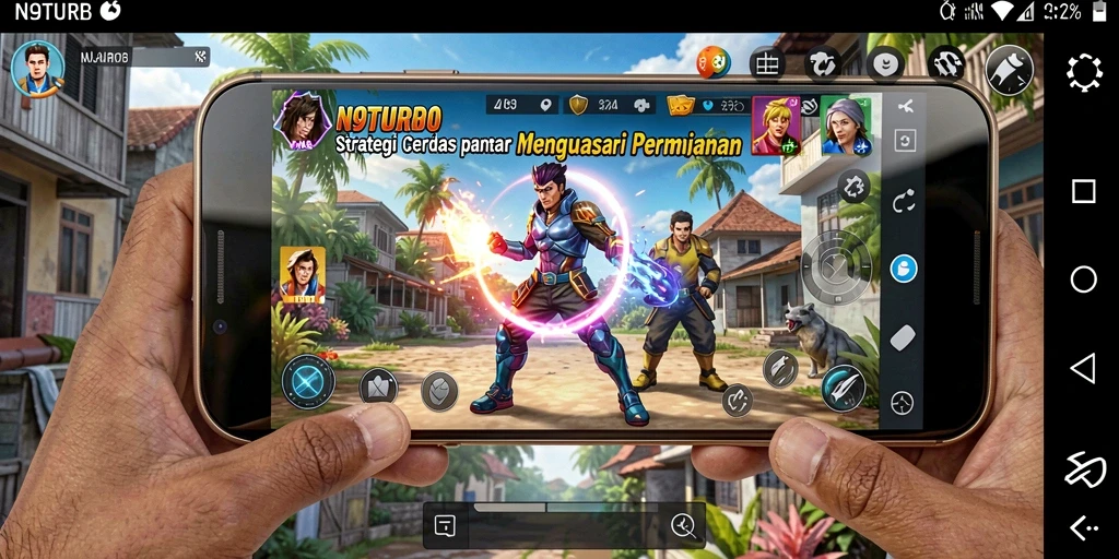 Tampilan menarik dari gameplay strategi N9TURBO yang menantang.