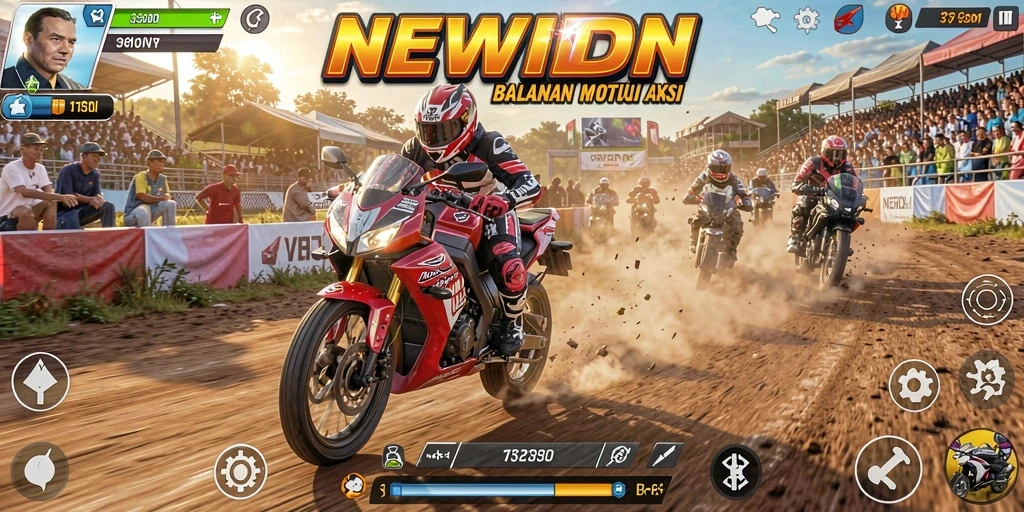 Tampilan gameplay seru dengan balapan motor cepat.