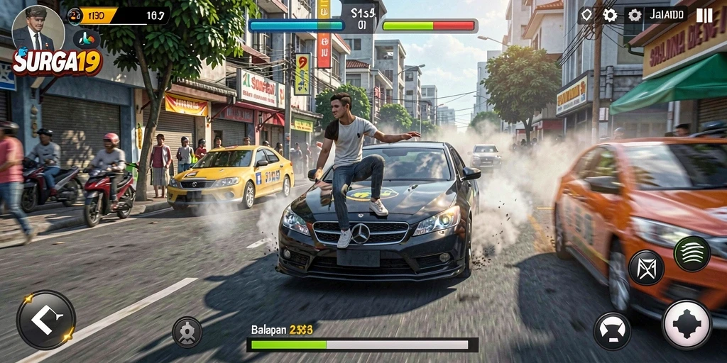 Gameplay SURGA19 yang mendebarkan di lintasan balap.